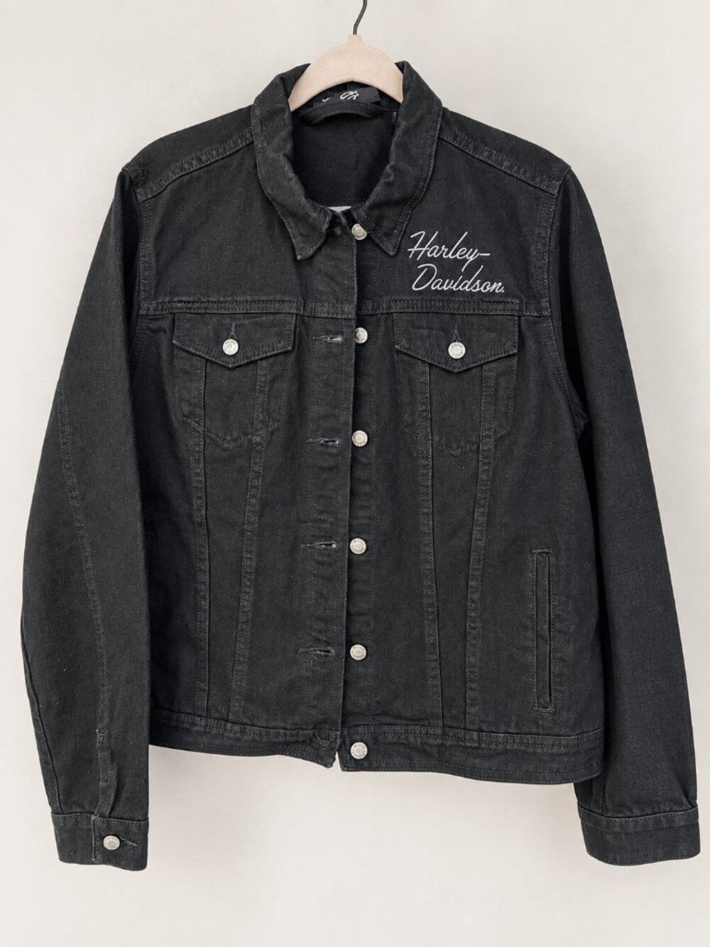 Harley-Davidson Womens Essential Bar & Shield Black Denim Trucker Jacket L
